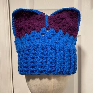 Handmade Crochet Cat Animal Ear Beanie Hat Cozy Ribbed Brim Stretch Winter Hat